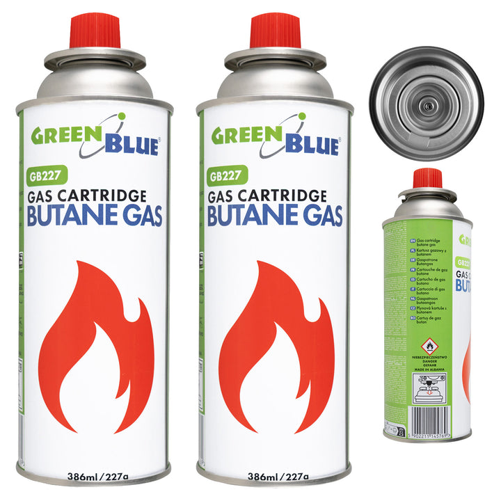 2 Gaspatronen à 227 g GreenBlue. Zertifikat: Pi 0875, entspricht der Norm EN 417, Butan, Einsatzbereich -10 °C bis +40 °C, GB227