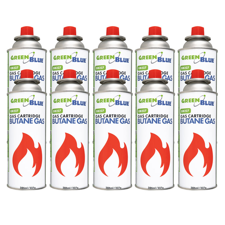 10 Gaspatronen à 227 g GreenBlue. Zertifikat: Pi 0875, entspricht der Norm EN 417, Butan, Einsatzbereich -10 °C bis +40 °C, GB227