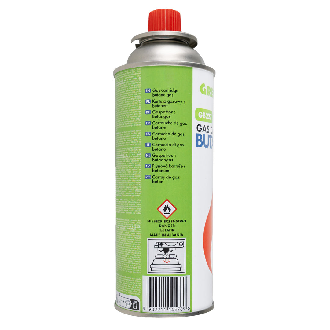 12 Gaspatronen à 227 g GreenBlue. Zertifikat: Pi 0875, entspricht der Norm EN 417, Butan, Einsatzbereich -10 °C bis +40 °C, GB227