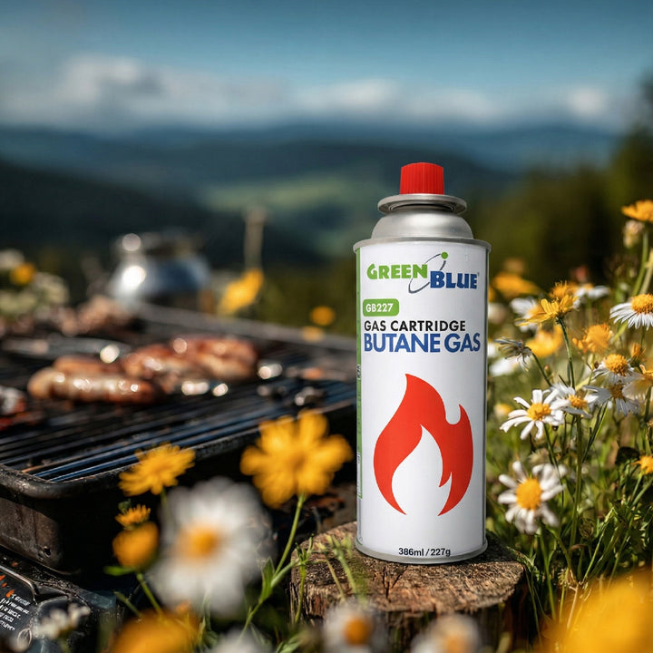 12 Gaspatronen à 227 g GreenBlue. Zertifikat: Pi 0875, entspricht der Norm EN 417, Butan, Einsatzbereich -10 °C bis +40 °C, GB227