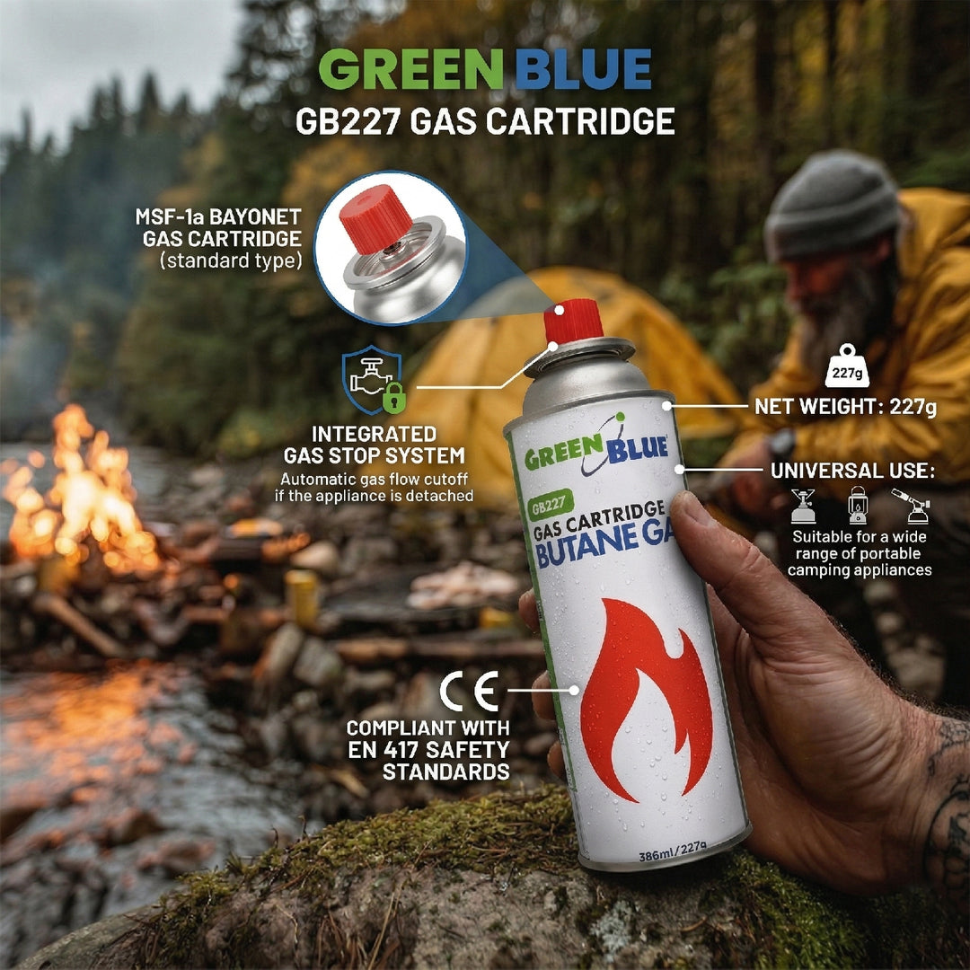 12 Gaspatronen à 227 g GreenBlue. Zertifikat: Pi 0875, entspricht der Norm EN 417, Butan, Einsatzbereich -10 °C bis +40 °C, GB227