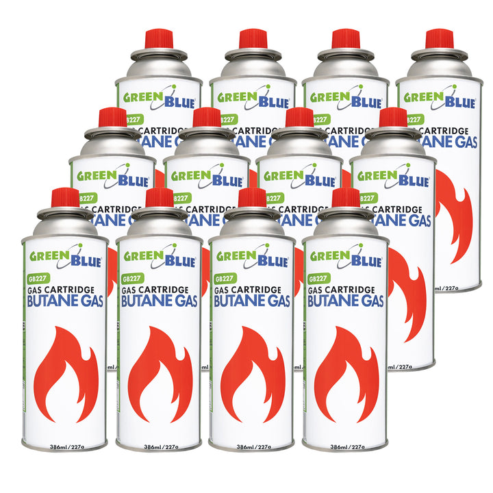 12 Gaspatronen à 227 g GreenBlue. Zertifikat: Pi 0875, entspricht der Norm EN 417, Butan, Einsatzbereich -10 °C bis +40 °C, GB227