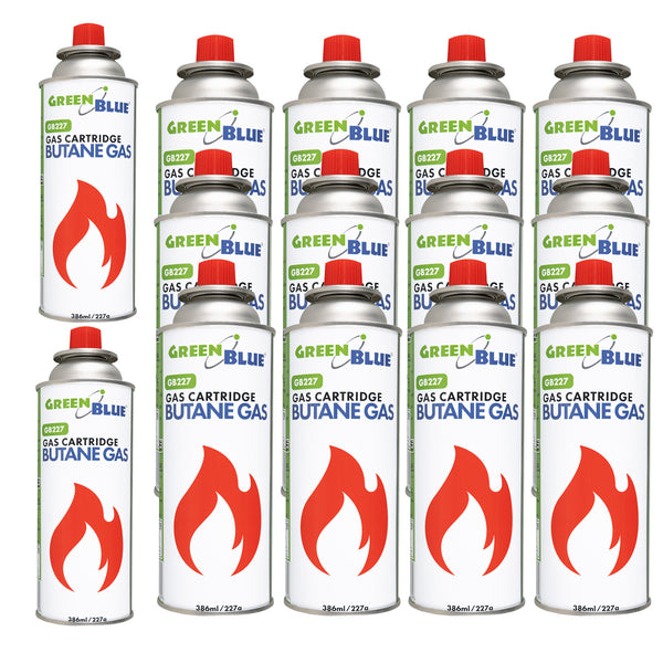 14 Gaspatronen à 227 g von GreenBlue. Zertifikat: Pi 0875, entspricht der Norm EN 417, Butan, Einsatzbereich -10 °C bis +40 °C, GB227