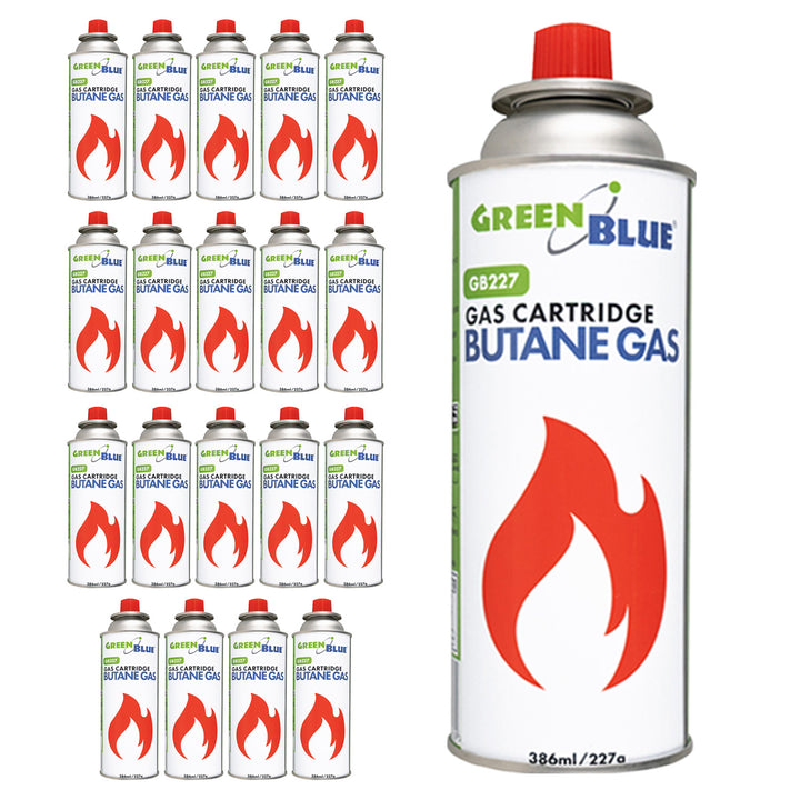 20 Gaspatronen à 227 g GreenBlue. Zertifikat: Pi 0875, entspricht der Norm EN 417, Butan, Einsatzbereich -10 °C bis +40 °C, GB227