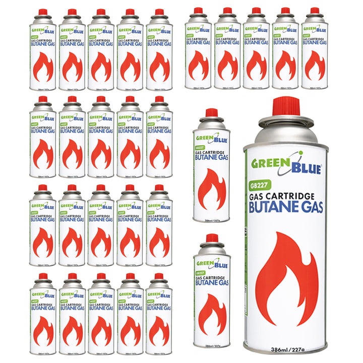 28 Gaspatronen à 227 g GreenBlue. Zertifikat: Pi 0875, entspricht der Norm EN 417, Butan, Einsatzbereich -10 °C bis +40 °C, GB227