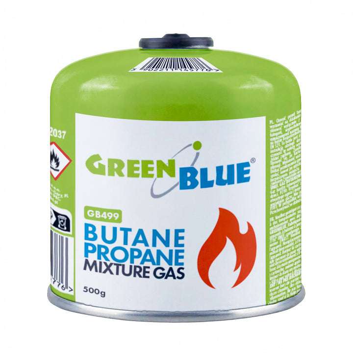 4 Gaspatronen à 500 g von GreenBlue. Zertifizierung: Pi 0437, gemäß EN 417, Butan-Propan, Temperaturbereich -10 °C bis +40 °C, Gewindeventil 7/16'' GB499