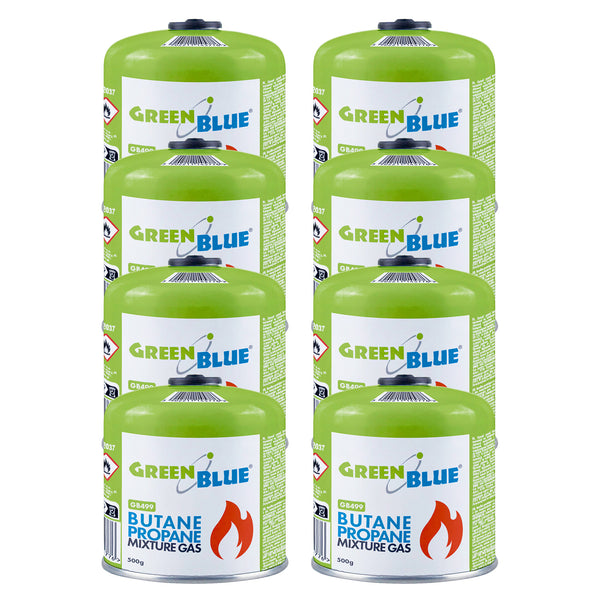8 Gaspatronen à 500 g GreenBlue. Zertifizierung: Pi 0437, gemäß EN 417, Butan-Propan, Temperaturbereich -10 °C bis +40 °C, Gewindeventil 7/16'' GB499