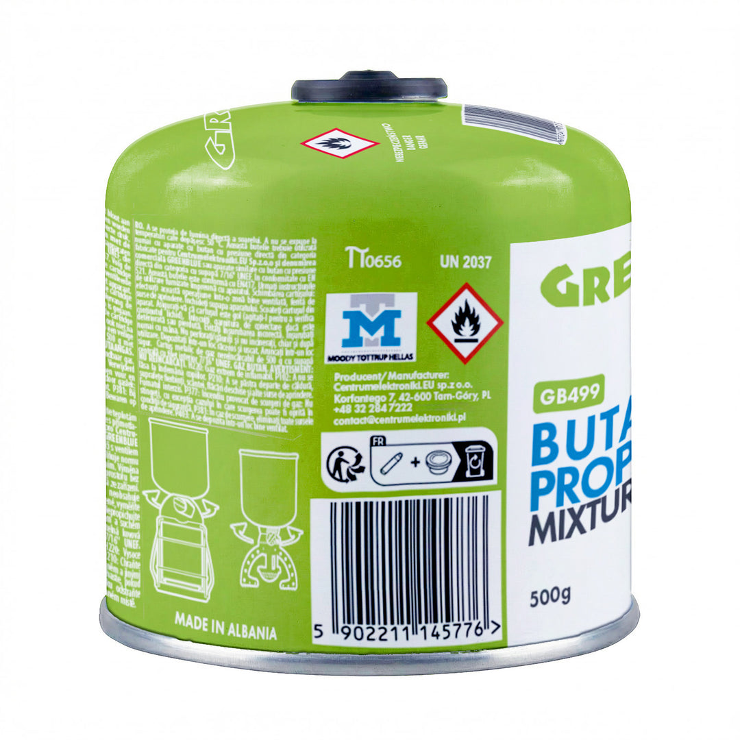 10 Gaspatronen à 500 g GreenBlue. Zertifizierung: Pi 0437, gemäß EN 417, Butan-Propan, Temperaturbereich -10 °C bis +40 °C, Gewindeventil 7/16'' GB499