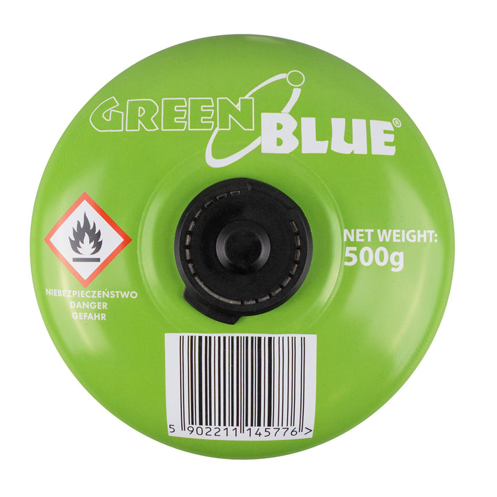10 Gaspatronen à 500 g GreenBlue. Zertifizierung: Pi 0437, gemäß EN 417, Butan-Propan, Temperaturbereich -10 °C bis +40 °C, Gewindeventil 7/16'' GB499