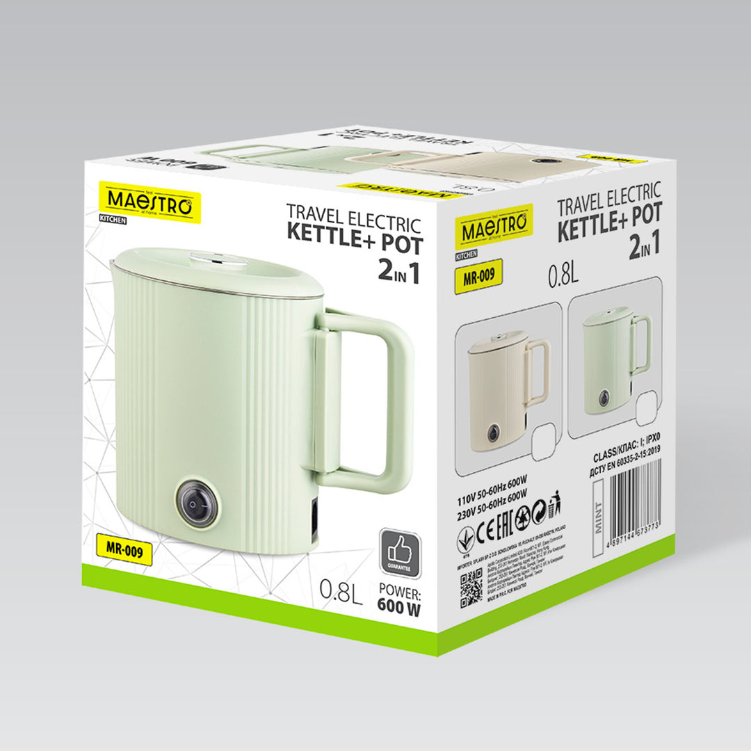 Maestro Wasserkocher / Reisekocher, 2-in-1, Fassungsvermögen 0,8 l, Leistung 600 W, klappbarer Griff, Spannungsumschalter 110 V/230 V, Farbe: Beige, MR-009-BEIGE
