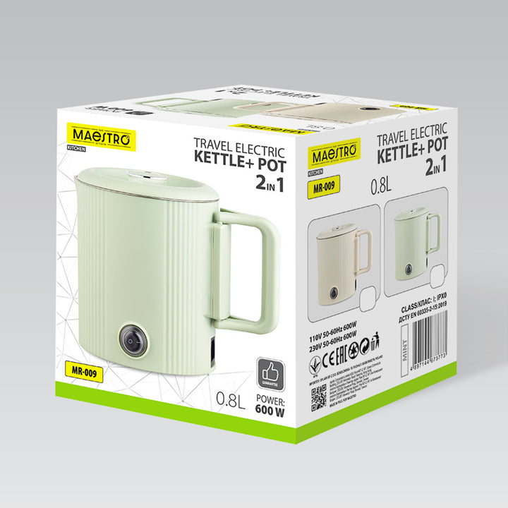 Maestro Wasserkocher / Reisekocher, 2-in-1, Fassungsvermögen 0,8 l, Leistung 600 W, klappbarer Griff, Spannungsumschalter 110 V/230 V, Farbe: Beige, MR-009-BEIGE