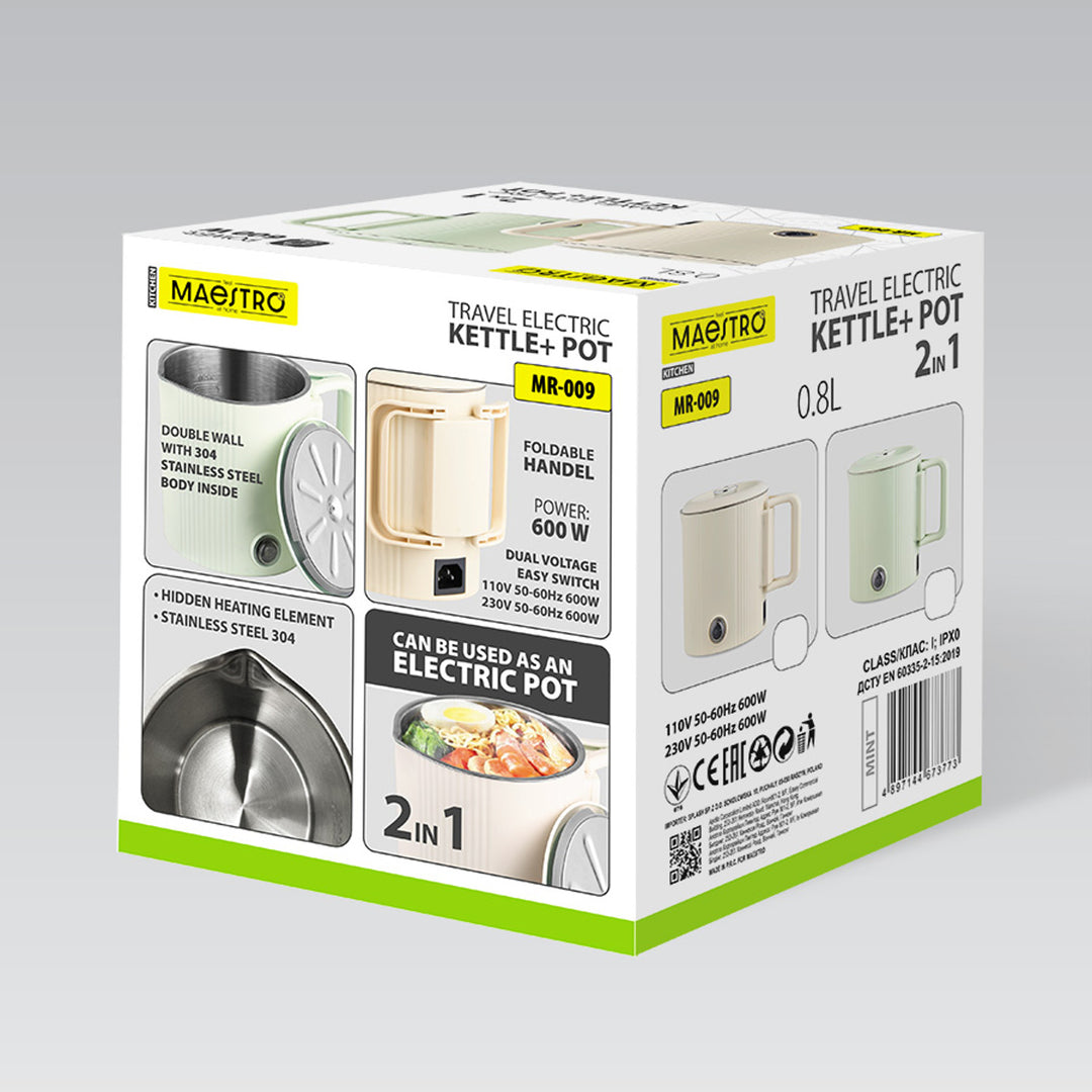 Maestro Wasserkocher / Reisekocher, 2-in-1, Fassungsvermögen 0,8 l, Leistung 600 W, klappbarer Griff, Spannungsumschalter 110 V/230 V, Farbe: Beige, MR-009-BEIGE