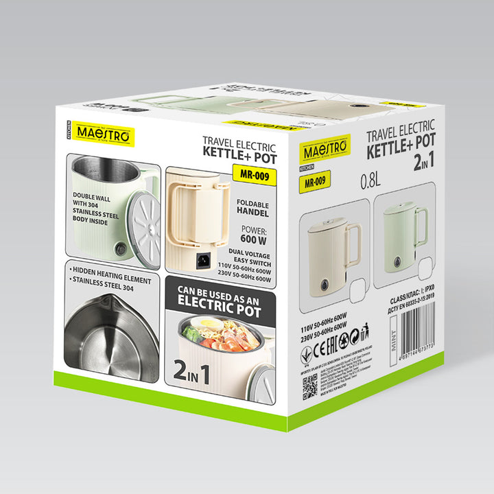 Maestro Wasserkocher / Reisekocher, 2-in-1, Fassungsvermögen 0,8 l, Leistung 600 W, klappbarer Griff, Spannungsumschalter 110 V/230 V, Farbe: Beige, MR-009-BEIGE