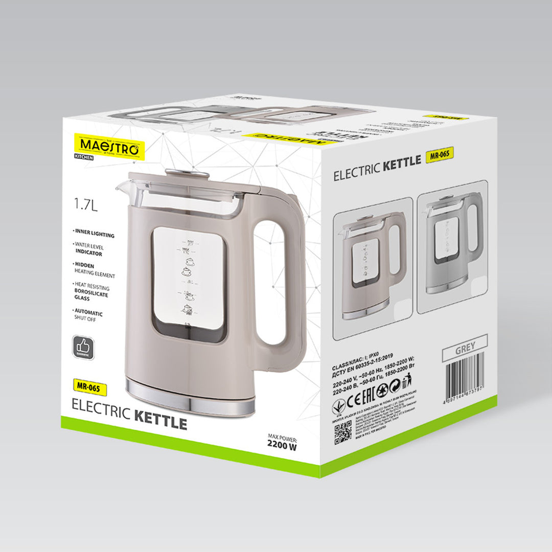 Maestro Glas-Wasserkocher, Fassungsvermögen 1,7 l, Leistung 2200 W, Wasserstandsanzeige, LED-Beleuchtung, drehbarer Sockel, Farbe: Grau, MR-065-GREY