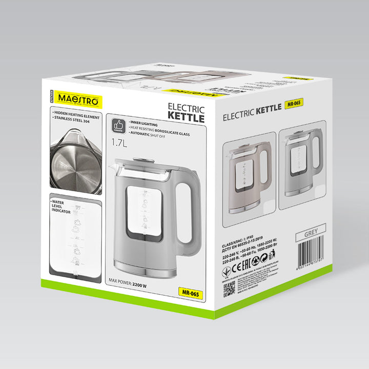 Maestro Glas-Wasserkocher, Fassungsvermögen 1,7 l, Leistung 2200 W, Wasserstandsanzeige, LED-Beleuchtung, drehbarer Sockel, Farbe: Grau, MR-065-GREY