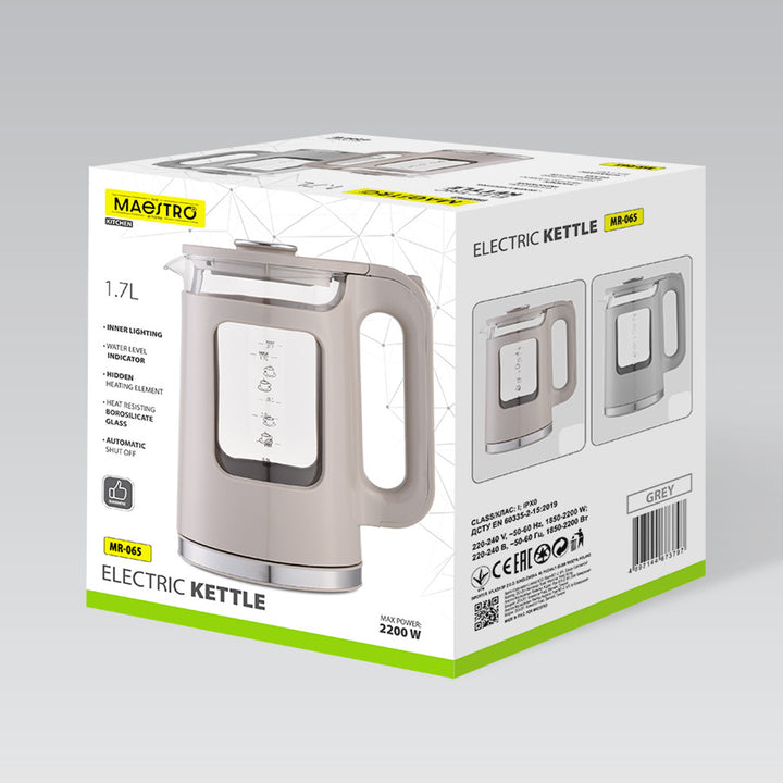 Maestro Glas-Wasserkocher, Fassungsvermögen 1,7 l, Leistung 2200 W, Wasserstandsanzeige, LED-Beleuchtung, drehbarer Sockel, Farbe: Beige, MR-065-BEIGE