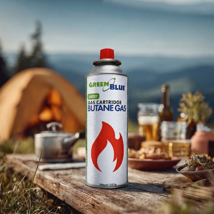 56 Gaspatronen à 227 g GreenBlue. Zertifikat: Pi 0875, entspricht der Norm EN 417, Butan, Einsatzbereich -10 °C bis +40 °C, GB227