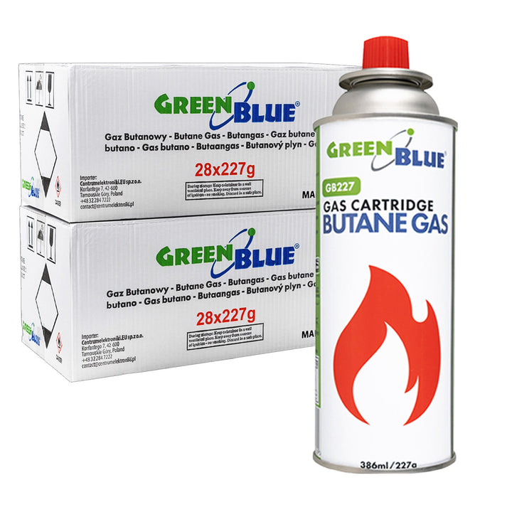 56 Gaspatronen à 227 g GreenBlue. Zertifikat: Pi 0875, entspricht der Norm EN 417, Butan, Einsatzbereich -10 °C bis +40 °C, GB227