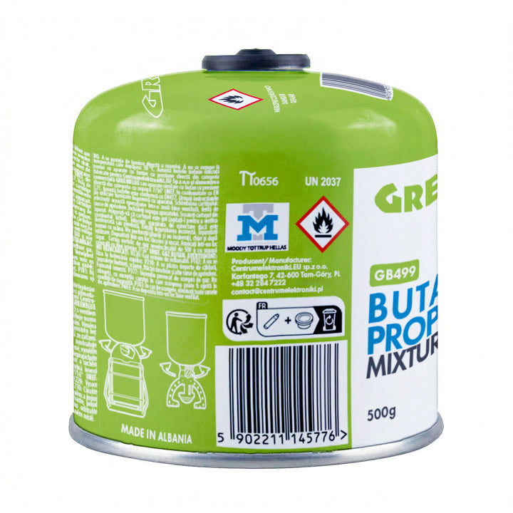 24 Gaspatronen à 500 g GreenBlue. Zertifizierung: Pi 0437, gemäß EN 417, Butan-Propan, Einsatzbereich -10 °C bis +40 °C, Gewindeventil 7/16'' GB499
