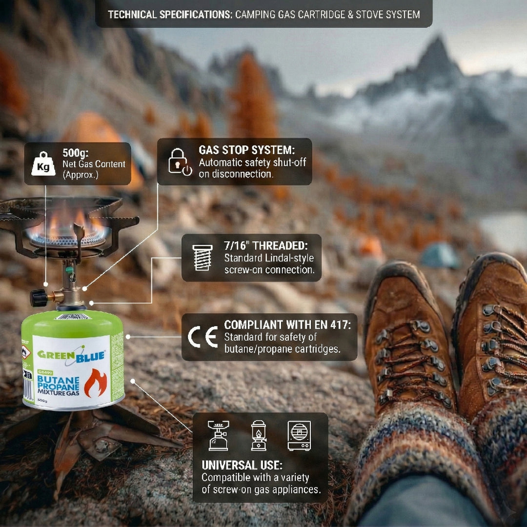 24 Gaspatronen à 500 g GreenBlue. Zertifizierung: Pi 0437, gemäß EN 417, Butan-Propan, Einsatzbereich -10 °C bis +40 °C, Gewindeventil 7/16'' GB499