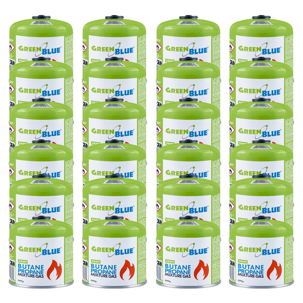 24 Gaspatronen à 500 g GreenBlue. Zertifizierung: Pi 0437, gemäß EN 417, Butan-Propan, Einsatzbereich -10 °C bis +40 °C, Gewindeventil 7/16'' GB499