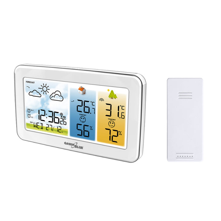 GreenBlue Funk-Wetterstation, Temperatur + Luftfeuchtigkeit innen/außen, Uhr/Wecker/Datum, °C / °F, Reichweite bis zu 60 m, GB442 W