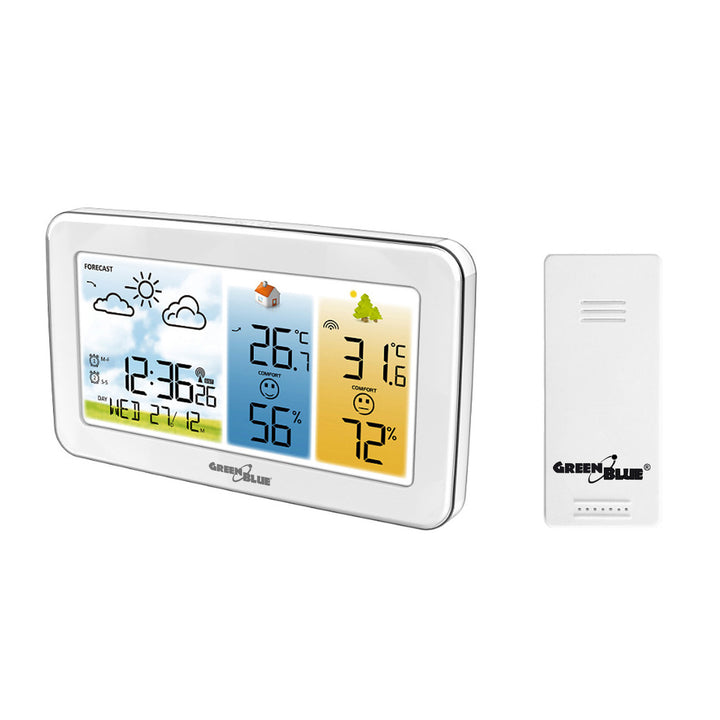 GreenBlue Funk-Wetterstation, Temperatur + Luftfeuchtigkeit innen/außen, Uhr/Wecker/Datum, °C / °F, Reichweite bis zu 60 m, GB442 W
