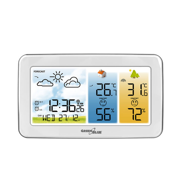 GreenBlue Funk-Wetterstation, Temperatur + Luftfeuchtigkeit innen/außen, Uhr/Wecker/Datum, °C / °F, Reichweite bis zu 60 m, GB442 W