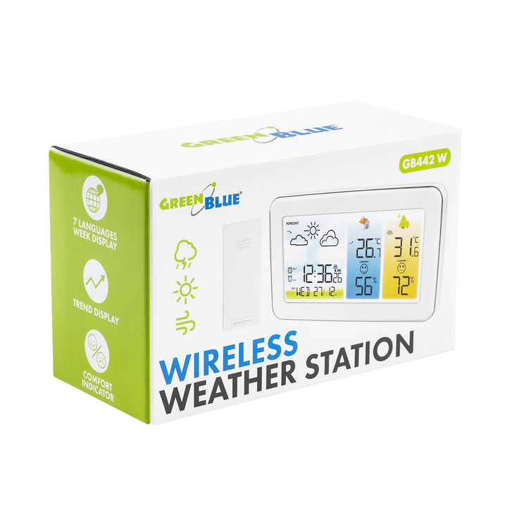 GreenBlue Funk-Wetterstation, Temperatur + Luftfeuchtigkeit innen/außen, Uhr/Wecker/Datum, °C / °F, Reichweite bis zu 60 m, GB442 W