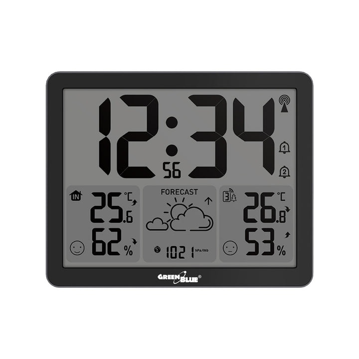 GreenBlue Funk-Wetterstation, Temperatur + Luftfeuchtigkeit IN/OUT, Uhr/Wecker/Datum, °C / °F, Reichweite bis zu 60 m, GB443 B