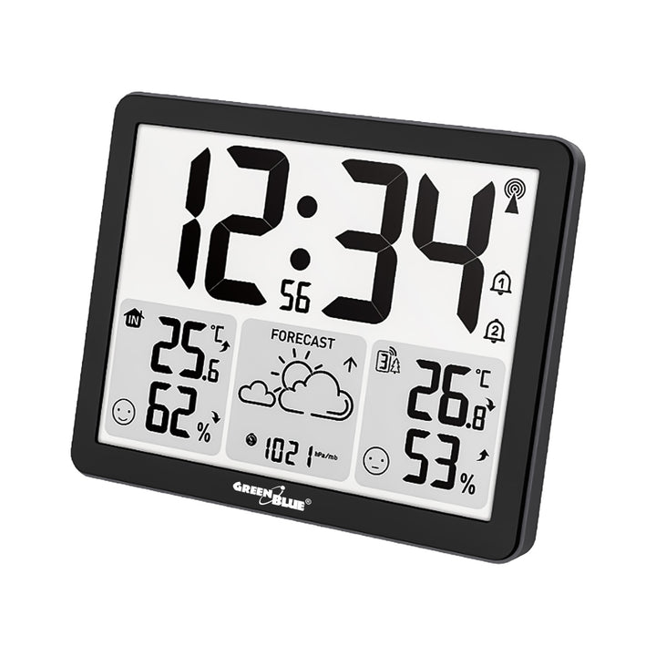 GreenBlue Funk-Wetterstation, Temperatur + Luftfeuchtigkeit IN/OUT, Uhr/Wecker/Datum, °C / °F, Reichweite bis zu 60 m, GB443 B