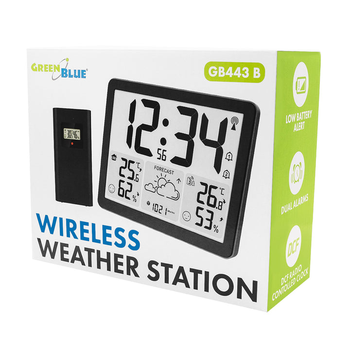 GreenBlue Funk-Wetterstation, Temperatur + Luftfeuchtigkeit IN/OUT, Uhr/Wecker/Datum, °C / °F, Reichweite bis zu 60 m, GB443 B