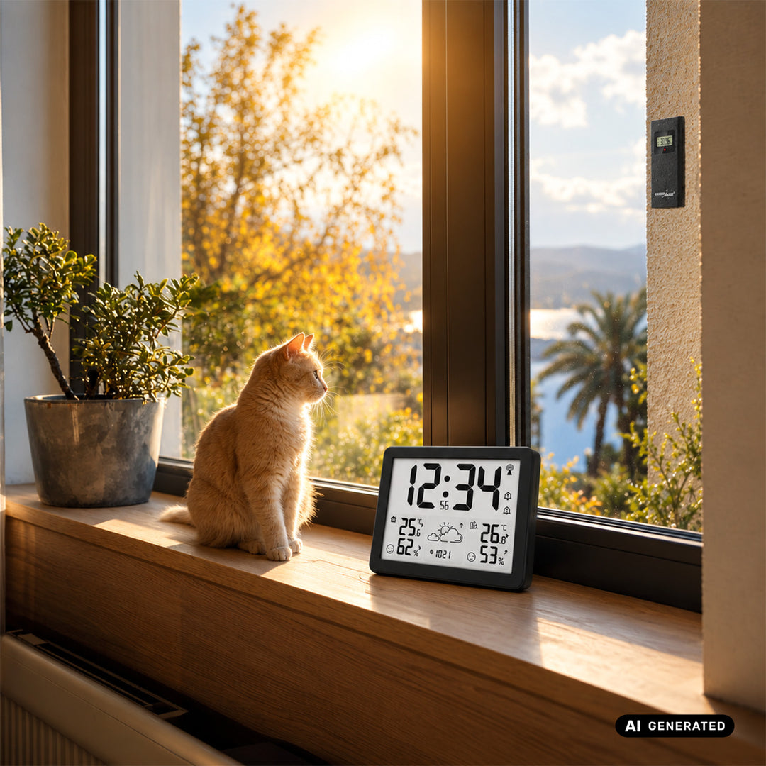 GreenBlue Funk-Wetterstation, Temperatur + Luftfeuchtigkeit IN/OUT, Uhr/Wecker/Datum, °C / °F, Reichweite bis zu 60 m, GB443 B