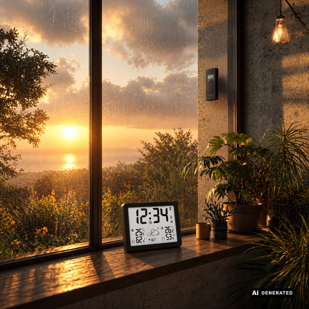 GreenBlue Funk-Wetterstation, Temperatur + Luftfeuchtigkeit IN/OUT, Uhr/Wecker/Datum, °C / °F, Reichweite bis zu 60 m, GB443 B