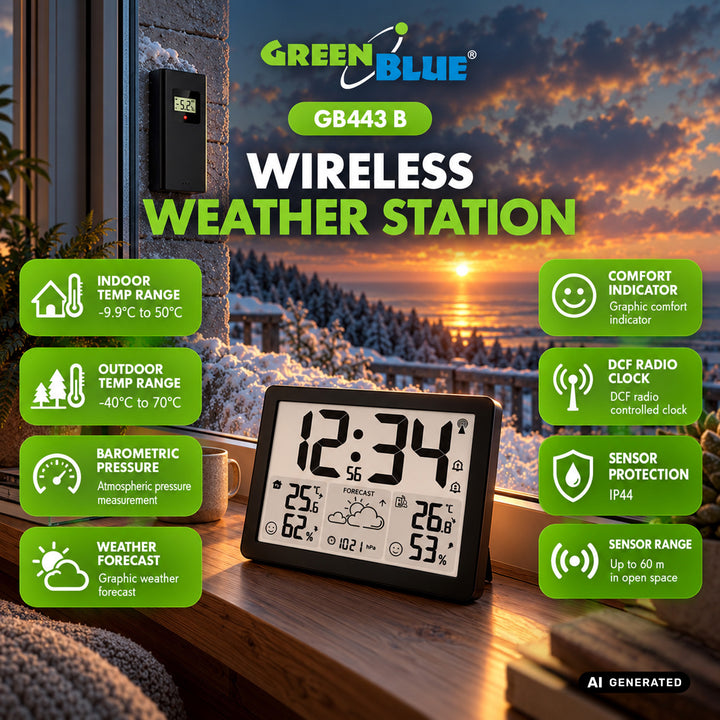 GreenBlue Funk-Wetterstation, Temperatur + Luftfeuchtigkeit IN/OUT, Uhr/Wecker/Datum, °C / °F, Reichweite bis zu 60 m, GB443 B