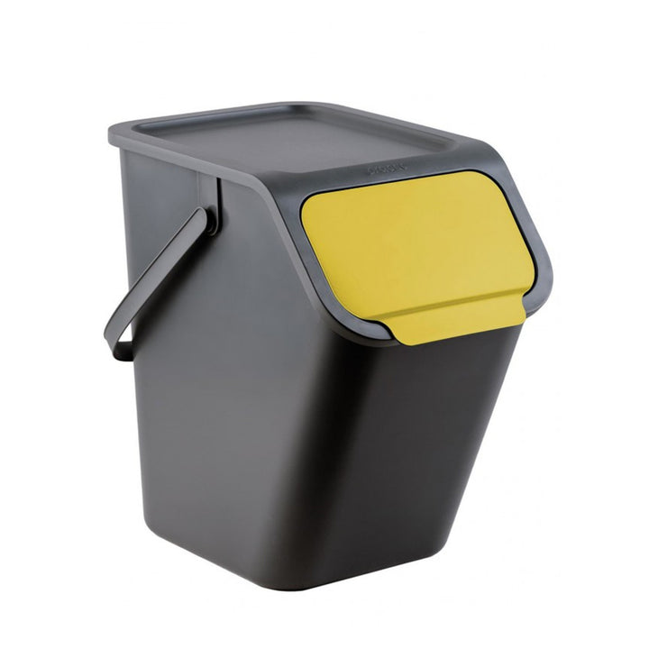 Set mit 3 schwarzen BINI-Abfalltrennbehältern (25 l) mit schwarzem Deckel und farbiger Klappe (blau/grün/gelb) + 5 Stück Aktivkohlefilter