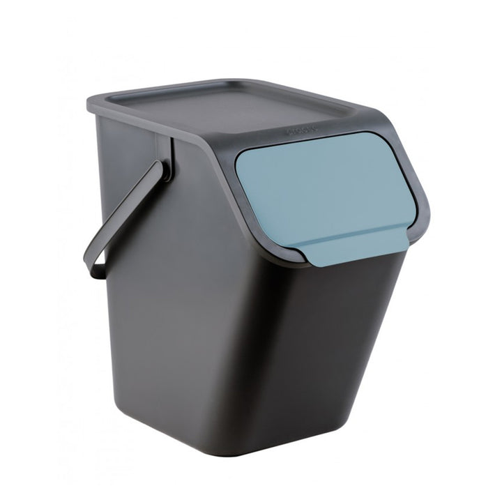 Set mit 3 schwarzen BINI-Abfalltrennbehältern (25 l) mit schwarzem Deckel und farbiger Klappe (blau/grün/gelb) + 5 Stück Aktivkohlefilter