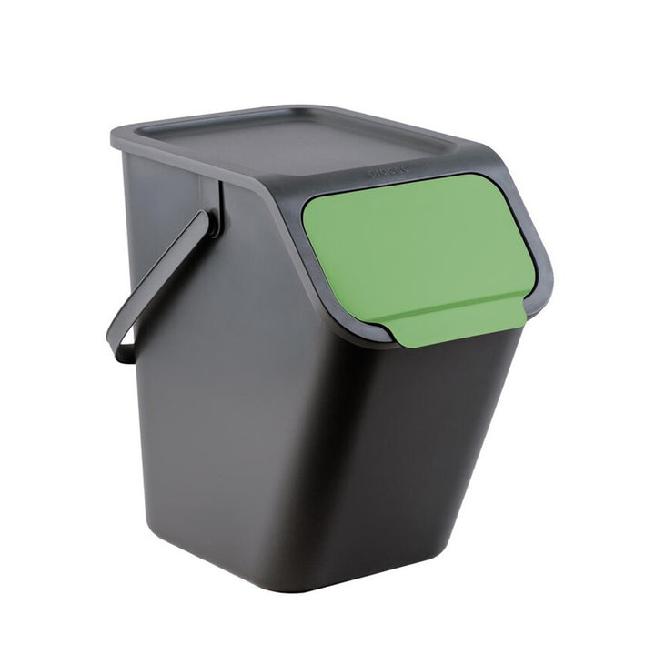 Set mit 4 schwarzen BINI-Behältern (4 x 25 l), mit schwarzem Deckel, Klappenfarben: gelb, blau, grün, braun + 5 Stück Aktivkohlefilter