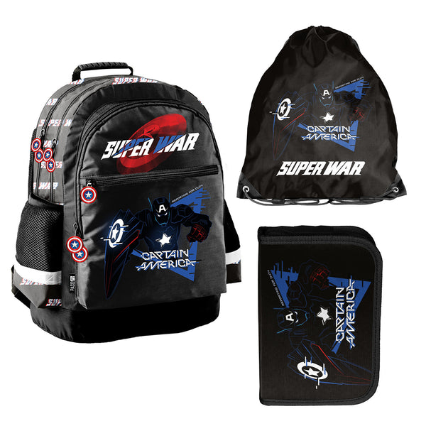 Captain America Paso Schulset, Rucksack mit zwei Fächern, reflektierenden Elementen und verstärktem Rücken, Federmäppchen ohne Inhalt und mit Halterungen für Schreibutensilien, Schuhbeutel, der auf den Rücken geschnallt werden kann, AV26KK