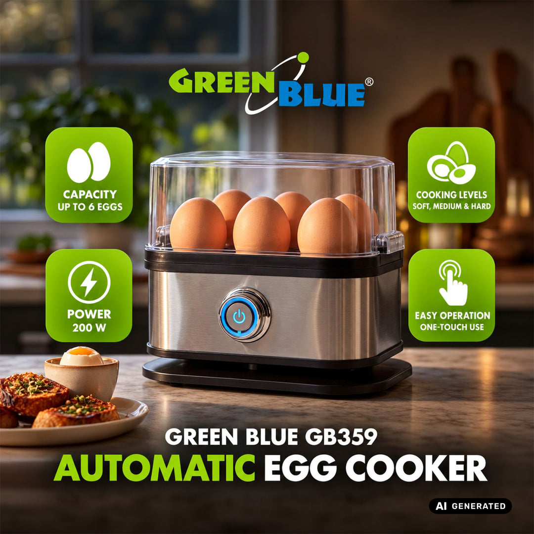 GreenBlue Eierkocher, Leistung 200 W, für bis zu 6 Eier, Messbecher, 220–240 V~, 50/60 Hz, GB359