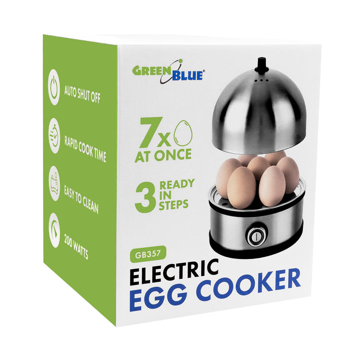 GreenBlue Eierkocher aus Edelstahl, Leistung 200 W, für bis zu 7 Eier, Messbecher, 220–240 V~, 50/60 Hz, GB357