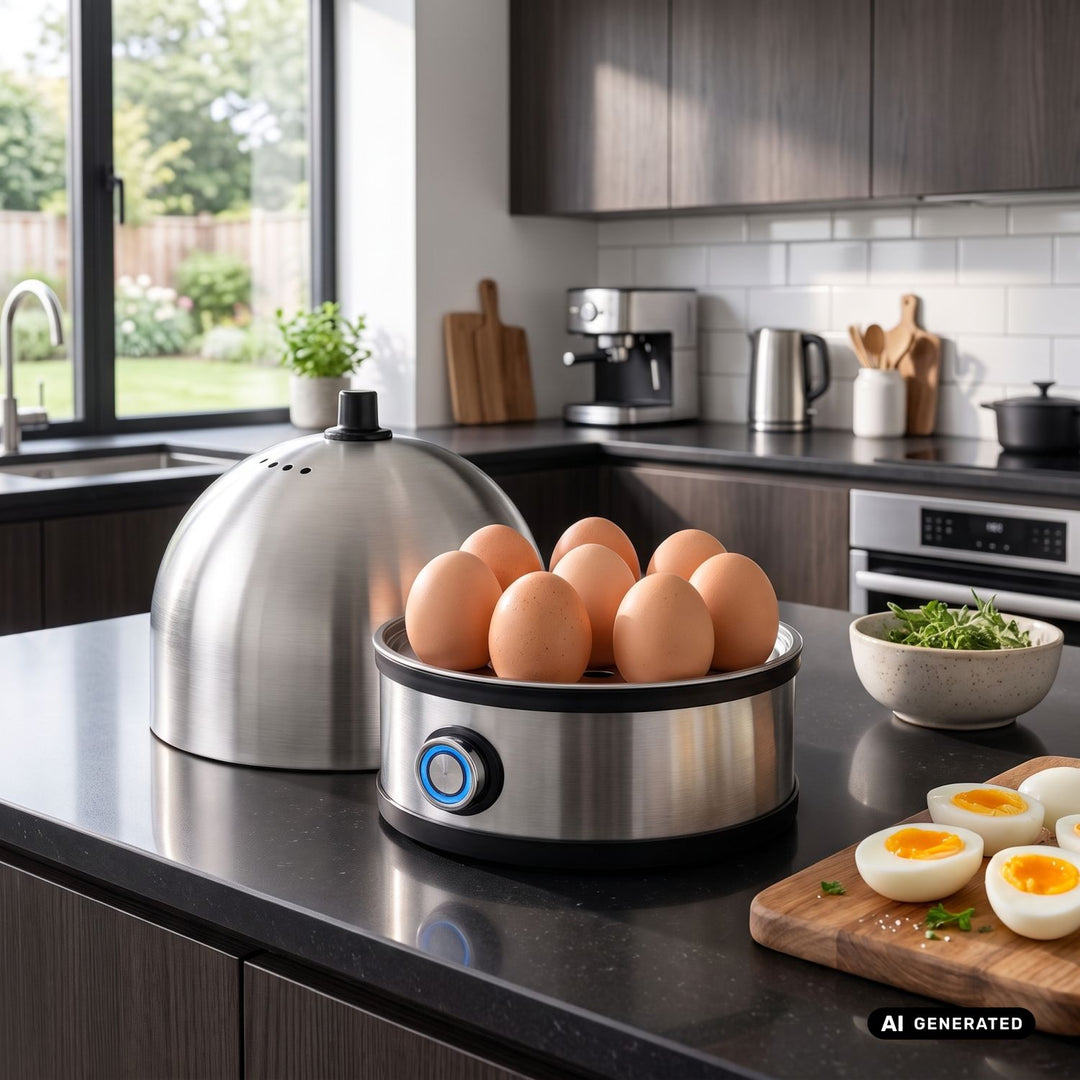 GreenBlue Eierkocher aus Edelstahl, Leistung 200 W, für bis zu 7 Eier, Messbecher, 220–240 V~, 50/60 Hz, GB357