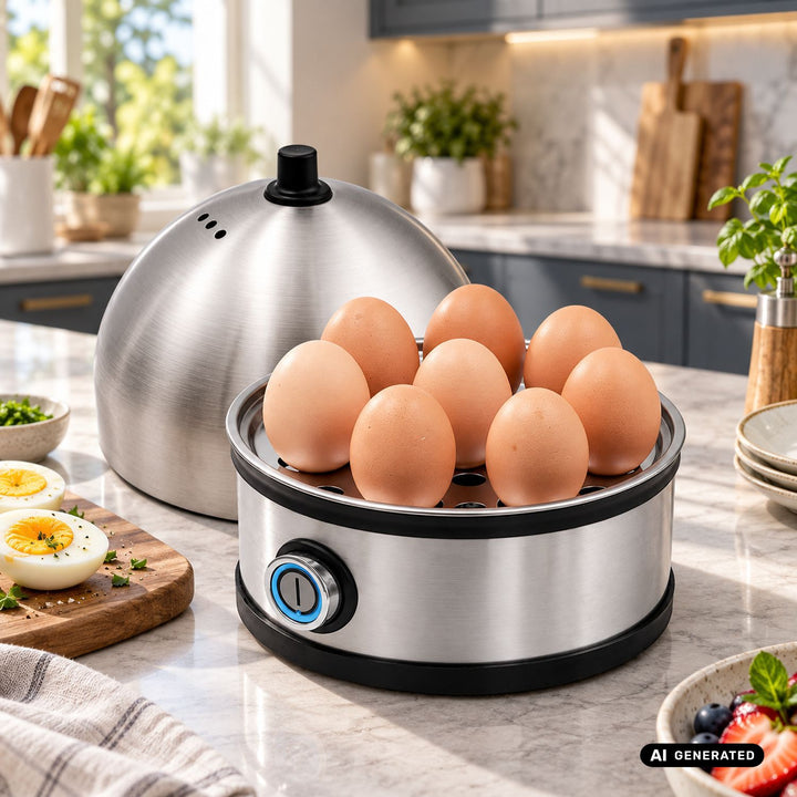 GreenBlue Eierkocher aus Edelstahl, Leistung 200 W, für bis zu 7 Eier, Messbecher, 220–240 V~, 50/60 Hz, GB357