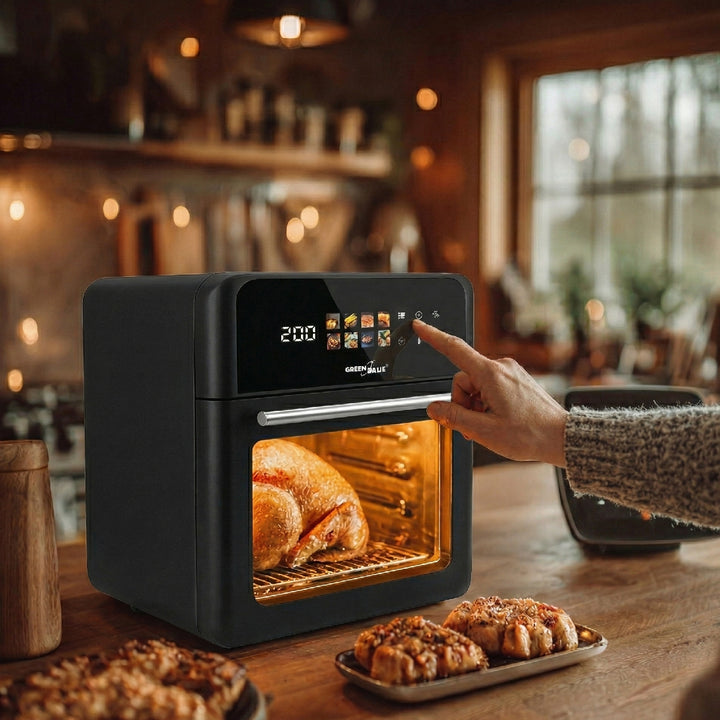 GreenBlue AIR FRYER Heißluftfritteuse, 1800 W, 10 l Fassungsvermögen, 8 Programme, Zubehör, Timer, GB950 + 100 Stück 16-cm-Papierbeutel
