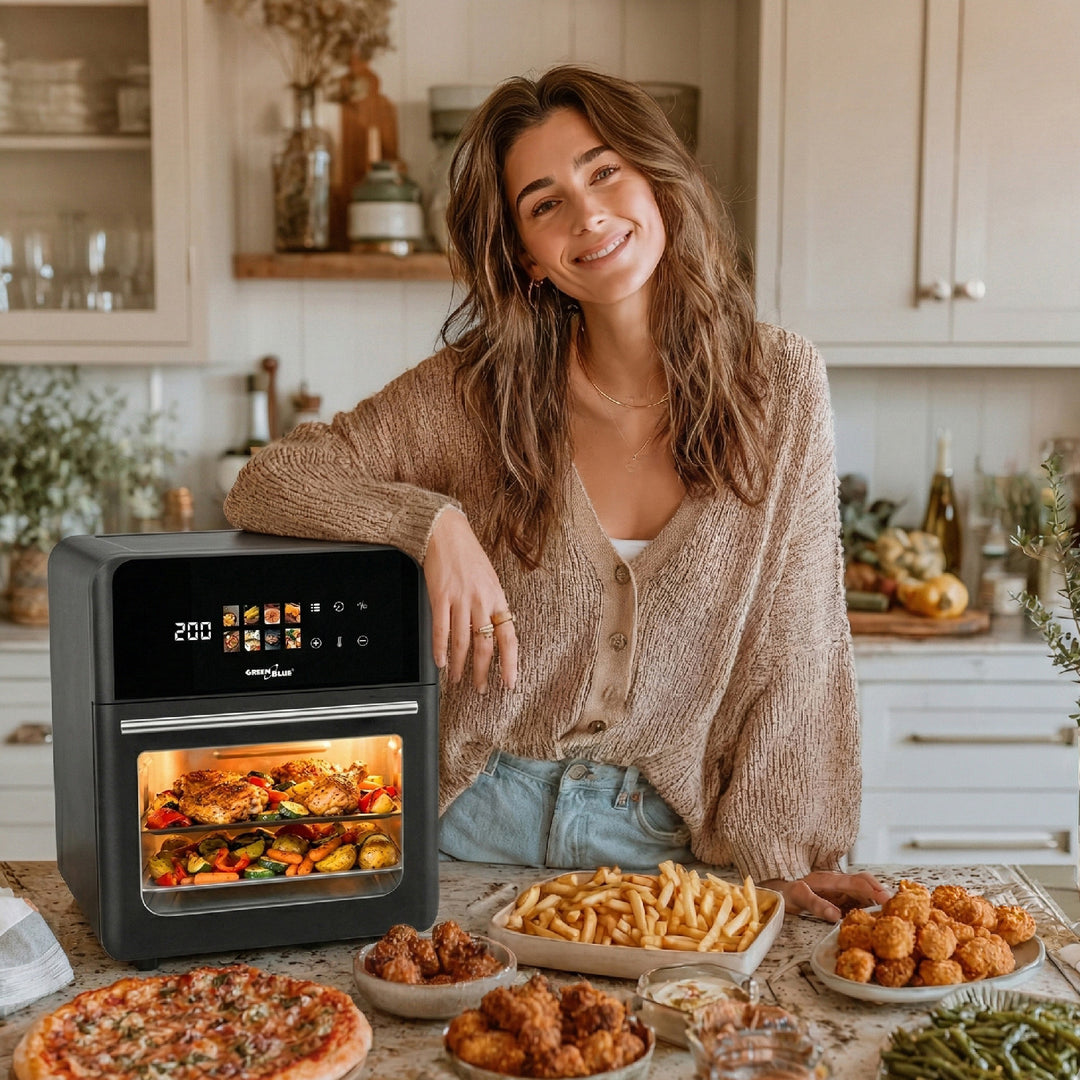 GreenBlue AIR FRYER Heißluftfritteuse, 1800 W, 10 l Fassungsvermögen, 8 Programme, Zubehör, Timer, GB950 + 100 Stück 16-cm-Papierbeutel