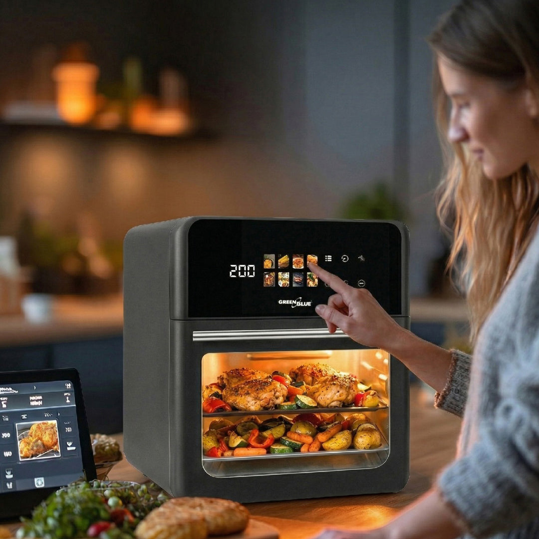 GreenBlue AIR FRYER Heißluftfritteuse, 1800 W, 10 l Fassungsvermögen, 8 Programme, Zubehör, Timer, GB950 + 100 Stück 16-cm-Papierbeutel