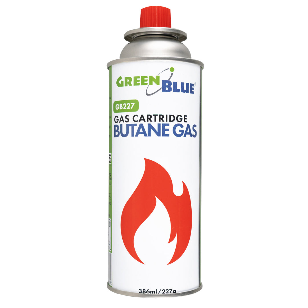 Alpen Camping-Kartuschenbrenner, 360°-Arbeitsbereich, Flammentemperatur 1300 °C, piezoelektrische Zündung, OLIMP + 4x 227-g-Gaskartusche GreenBlue. Zertifikat: Pi 0875, entspricht der Norm EN 417