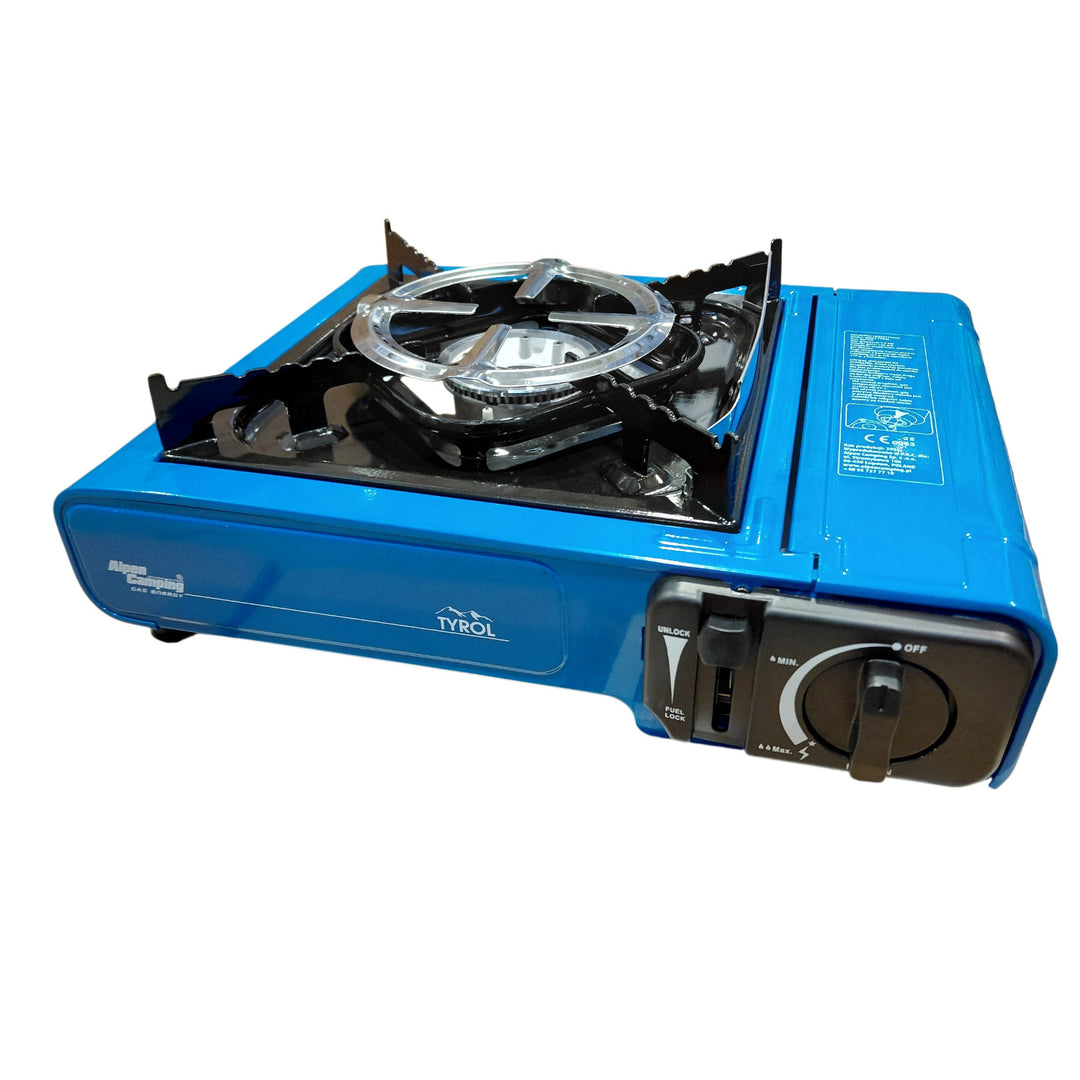 Alpen Camping Campingkocher, Leistung: 2,0 kW, Gasverbrauch 146 g/h, piezoelektrische Zündung, TYROL+ 4x 227-g-Gaskartusche GreenBlue. Zertifikat: Pi 0875, entspricht der Norm EN 417