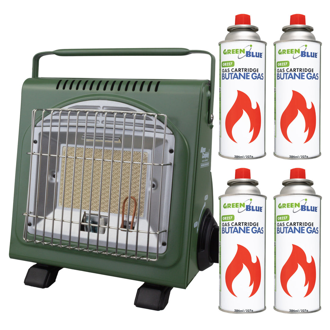 Tragbarer Gaskocher von Alpen Camping, 2-in-1, Gasverbrauch 124 g/h, piezoelektrische Zündung, ICELAND IK-1000 PRO+ 4x 227-g-Gaskartusche von GreenBlue. Zertifikat: Pi 0875, entspricht der Norm EN 417