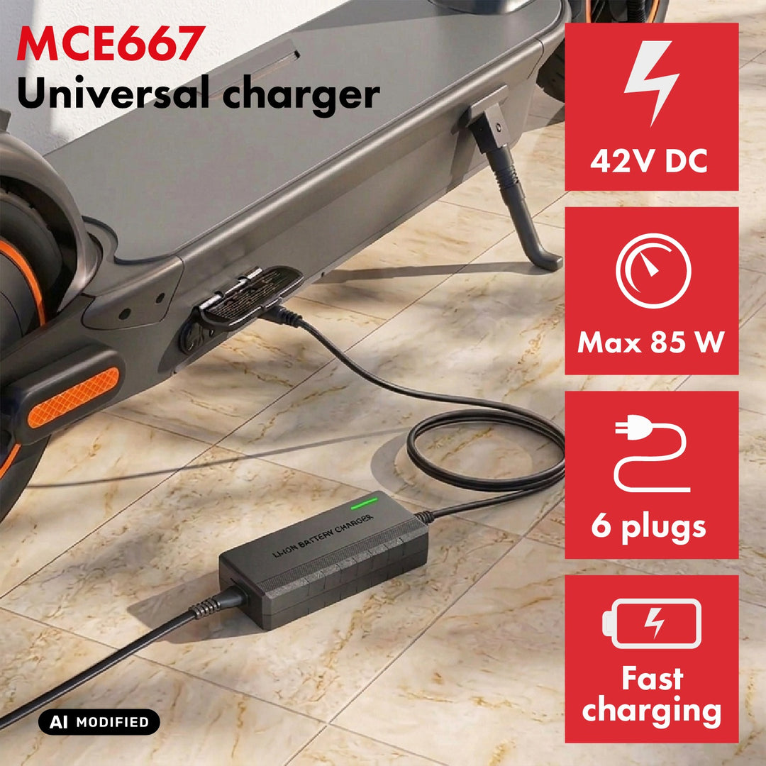 Universelles Ladegerät / Netzteil von Maclean Energy für E-Scooter, 42 V DC, 2 A, max. 85 W, Schnellladung, 6 Stecker, MCE667